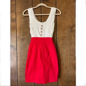 Alythea- Red and Retro-Inspired White Pencil Dress with Lace Accents/Buttons